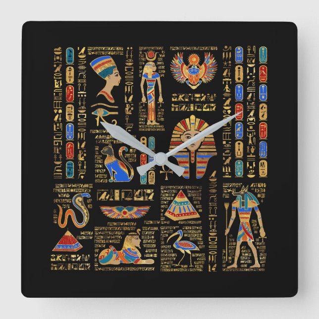 Egyptiska hieroglyfer och gudom på svart fyrkantig klocka (Framsida)