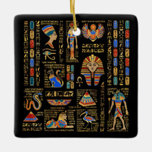 Egyptiska hieroglyfer och gudom på svart julgransprydnad keramik