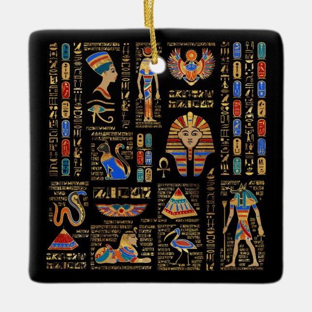 Egyptiska hieroglyfer och gudom på svart julgransprydnad keramik (Framsida)