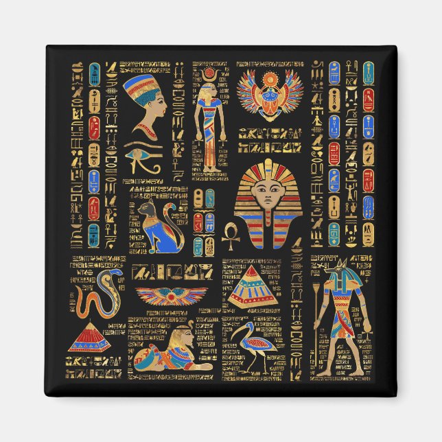 Egyptiska hieroglyfer och gudom på svart magnet (Framsidan)