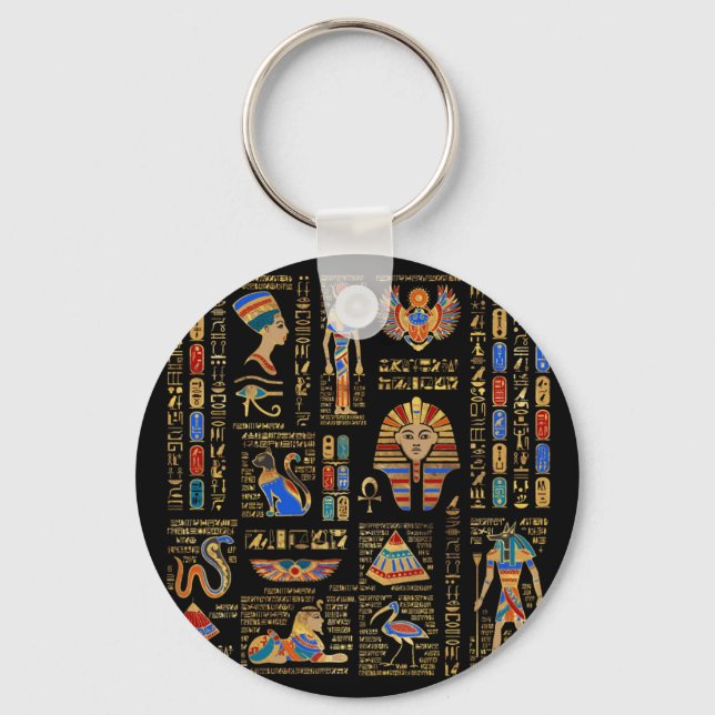 Egyptiska hieroglyfer och gudom på svart nyckelring (Framsida)