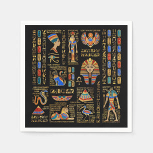 Egyptiska hieroglyfer och gudom på svart pappersservett