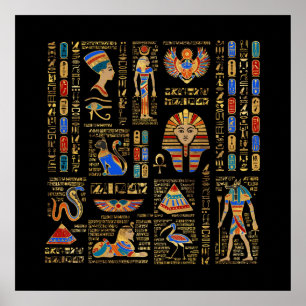 Egyptiska hieroglyfer och gudom på svart poster