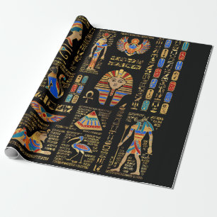 Egyptiska hieroglyfer och gudom på svart presentpapper