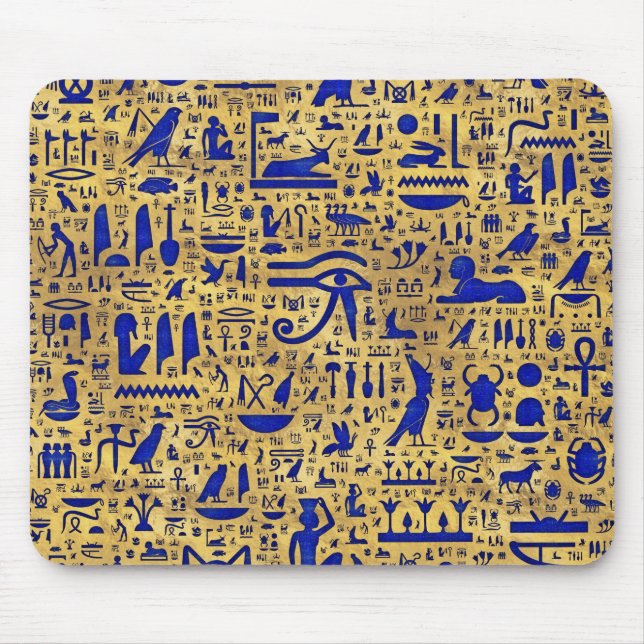 Egyptiska hieroglyfiska Lapis Lazuli och Guld Musmatta (Framsidan)