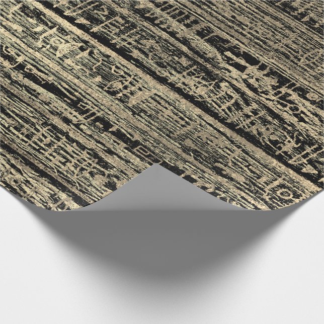 Egyptiska Hieroglyph Guld Foxier Faux Black Wood Presentpapper (Hörn)