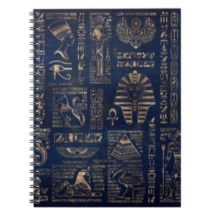 Egyptiska hieroglyphs och gudom-guld på marmor anteckningsbok