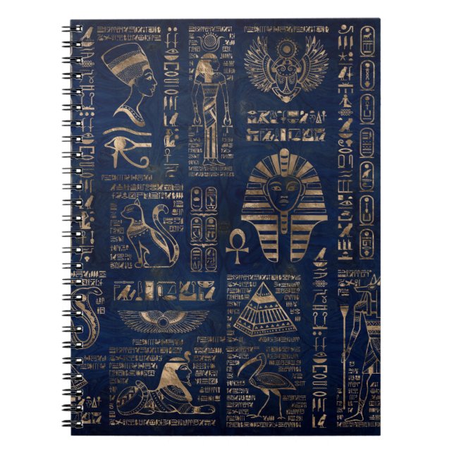 Egyptiska hieroglyphs och gudom-guld på marmor anteckningsbok (Framsidan)