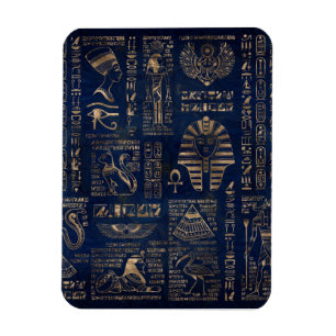 Egyptiska hieroglyphs och gudom-guld på marmor magnet