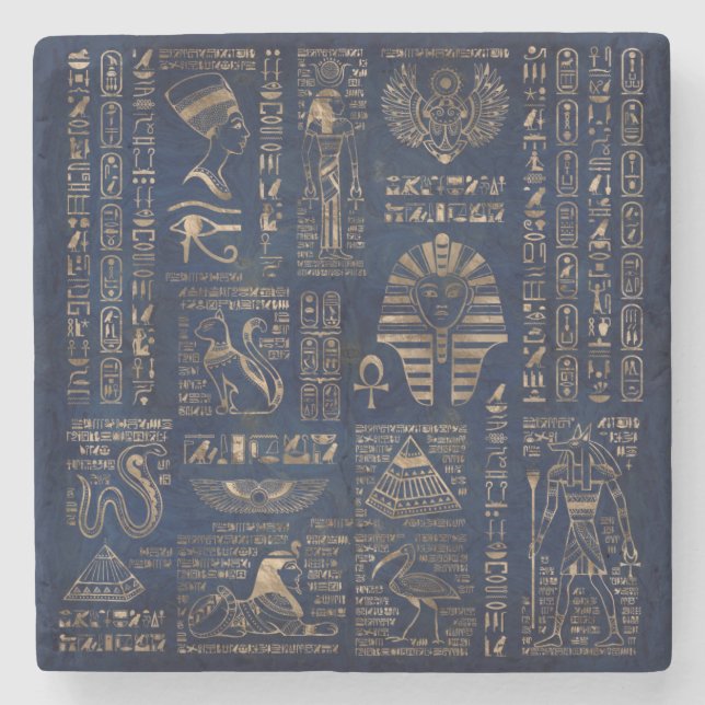 Egyptiska hieroglyphs och gudom-guld på marmor stenunderlägg (Framsidan)