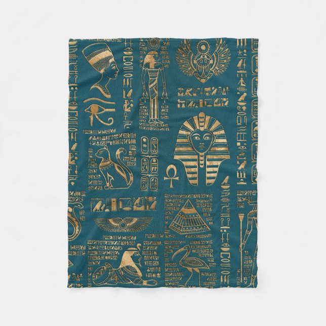 Egyptiska hieroglyphs och gudomar - guld på kricka fleecefilt (Framsidan)