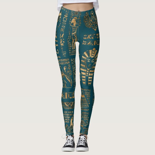 Egyptiska hieroglyphs och gudomar - guld på kricka leggings (Framsida)