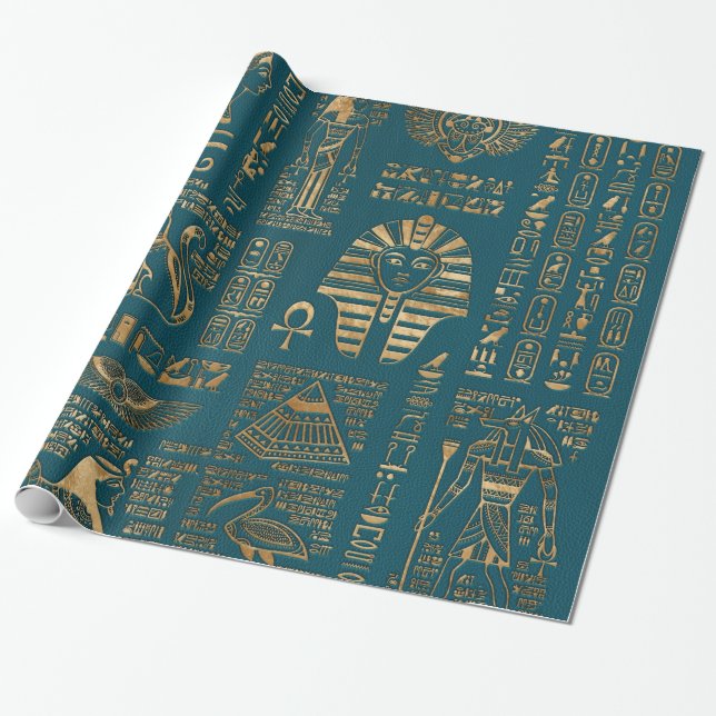 Egyptiska hieroglyphs och gudomar - guld på kricka presentpapper (Utrullad)
