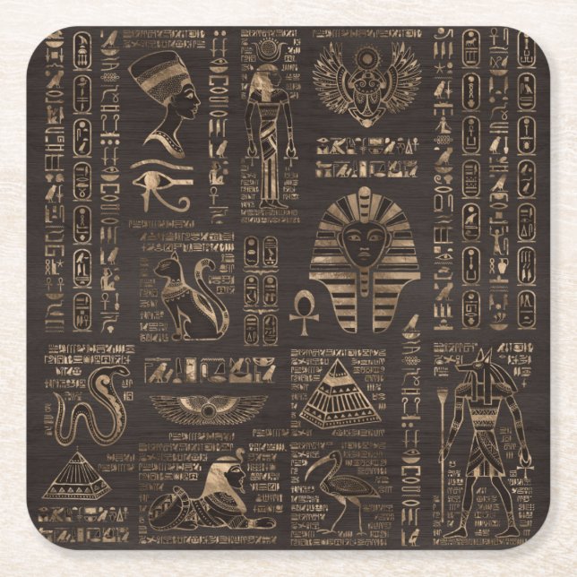 Egyptiska hieroglyphs och gudomar - guld på trä underlägg papper kvadrat (Framsidan)