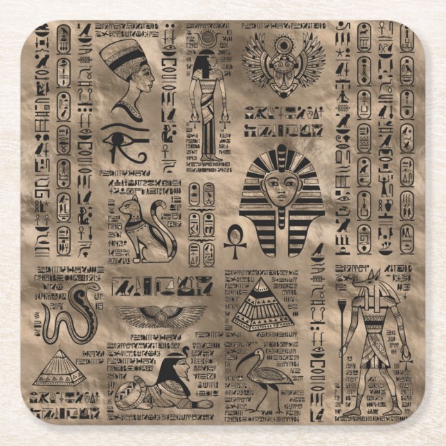 Egyptiska hieroglyphs och gudomar - lyxigt guld underlägg papper kvadrat (Framsidan)