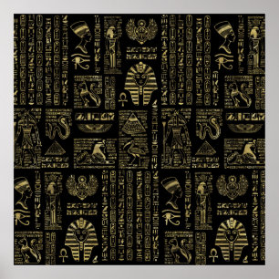 Egyptiska hieroglyphs och gudomar som är guld- på poster