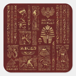 Egyptiska hieroglyphs och rött läder för symbol fyrkantigt klistermärke