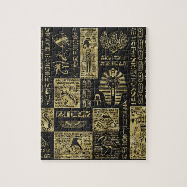 Egyptiska hieroglyphs och symboler på svart läder pussel (Vertikal)