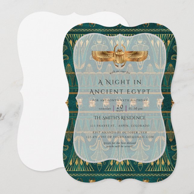Egyptiska Teal and Gold Foil Thecke Party Inbjudningar (Fram/baksida)