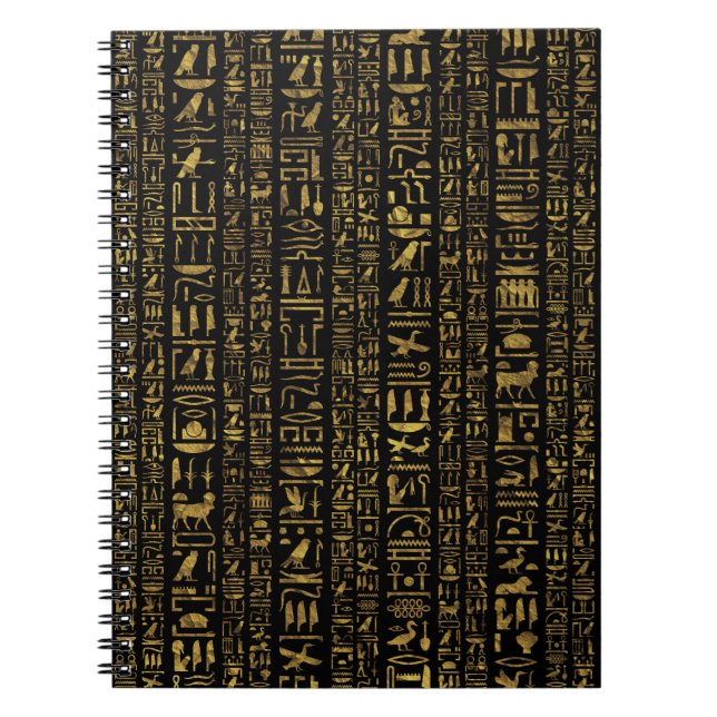 Egyptiskt hieroglyphsvintageguld på svart anteckningsbok (Framsidan)