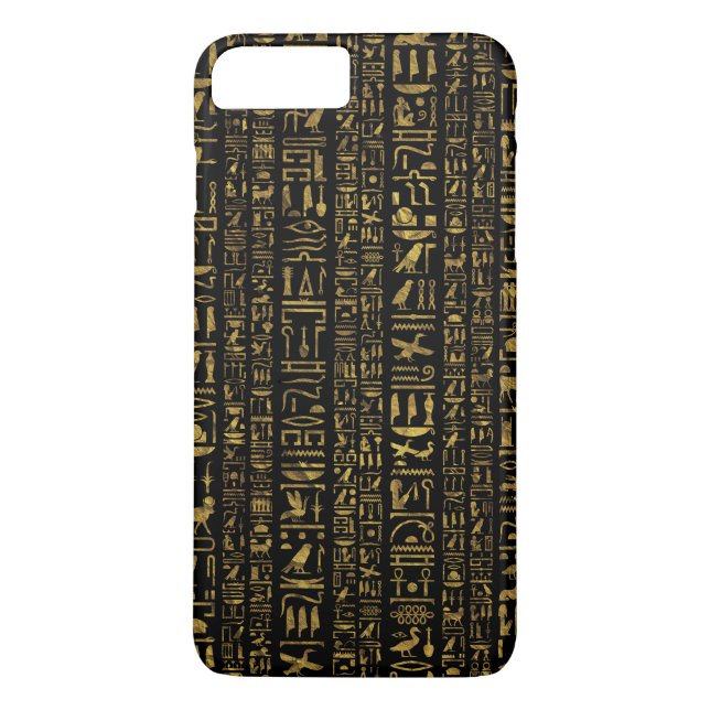 Egyptiskt hieroglyphsvintageguld på svart Case-Mate iPhone skal (Baksida)