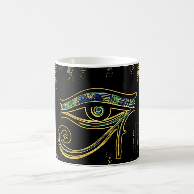 Egyptiskt öga av Horus på hieroglyphics och marmor Kaffemugg (Center)