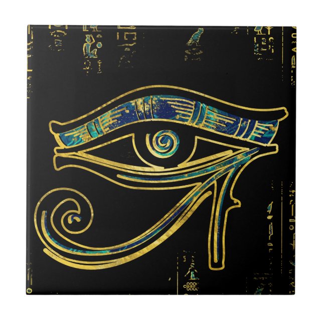 Egyptiskt öga av Horus på hieroglyphics och marmor Kakelplatta (Framsidan)