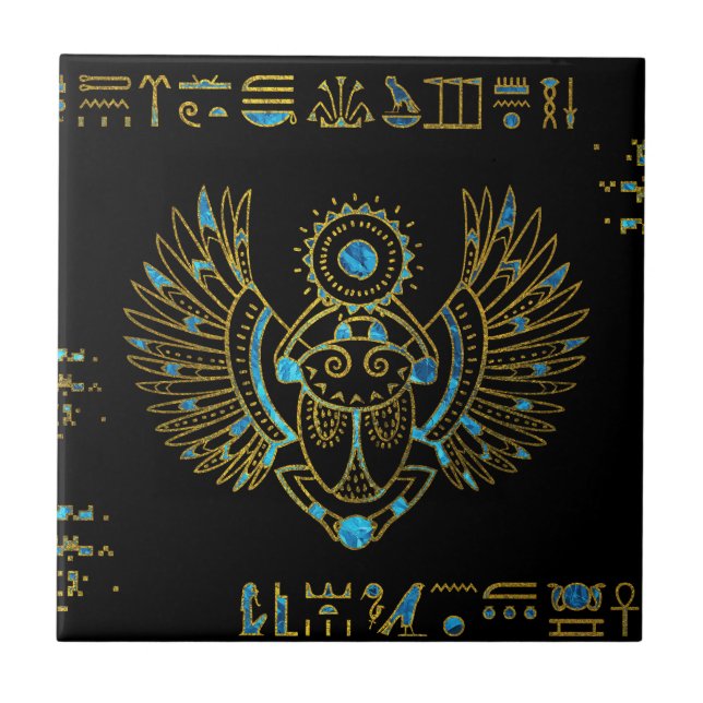 Egyptiskt Scarabskalbaggeguld och blåttmålat glass Kakelplatta (Framsidan)