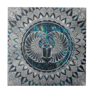 Egyptiskt Scarabskalbaggesilver och Abalone Kakelplatta