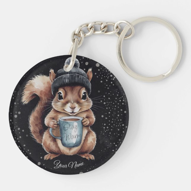 Eichhörnchen mit Tasse und Schnee „Stay Warm“ (Baksidan)