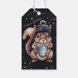Eichhörnchen mit Tasse und Schnee „Stay Warm“  Presentetikett
