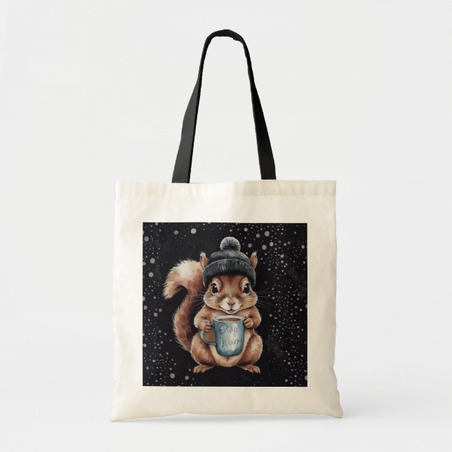 Eichhörnchen mit Tasse und Schnee „Stay Warm“ Tygkasse (Framsidan)