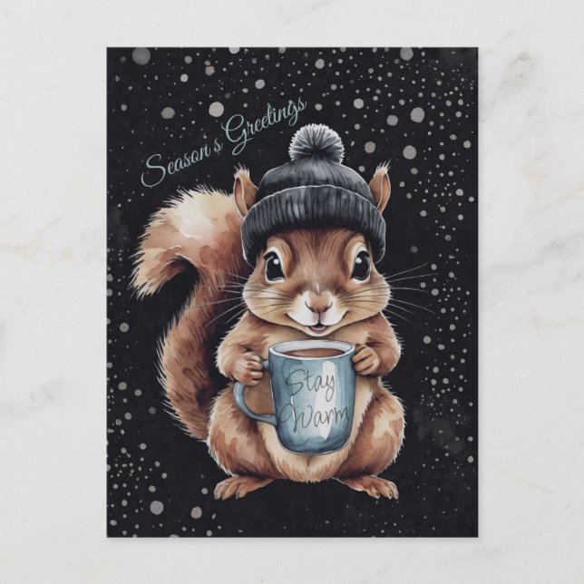 Eichhörnchen mit Tasse und Schnee „Stay Warm“  Vykort (Framsida)