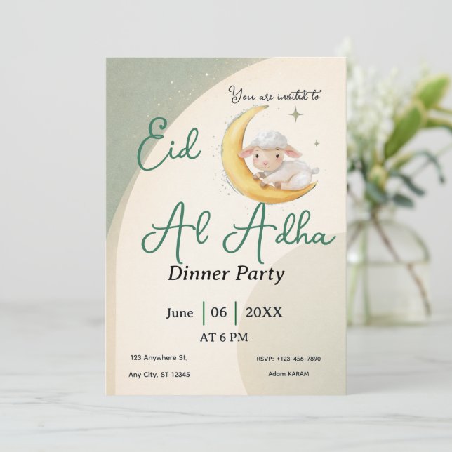 Eid Al Adha dammig grön får  kort inbjudan (Stående Fram)