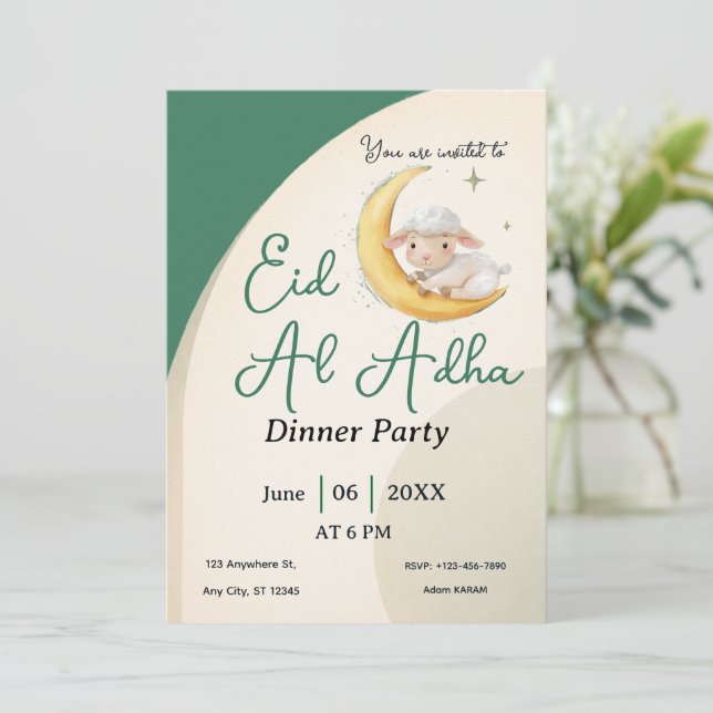 Eid Al Adha dammig grön får  kort inbjudan (Stående Fram)