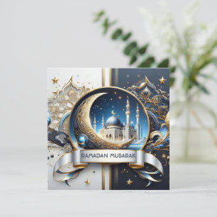 Eid Al Adha halvmåne moské guld vit blå Julkort