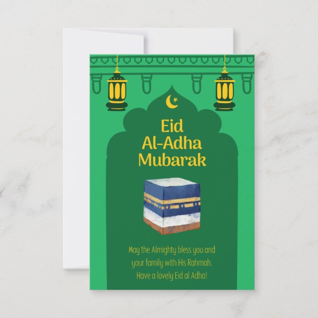 Eid Al-Adha Mubarak Card i Grönt och Ka'bah Image Inbjudningar (Framsida)