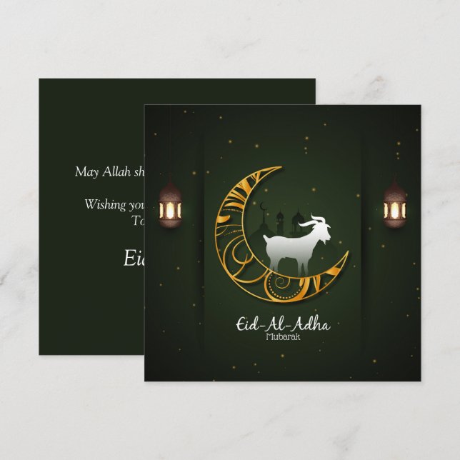 Eid Al Adha Mubarak Golden Crescent Goat Islamic Julkort (Fram/baksida)