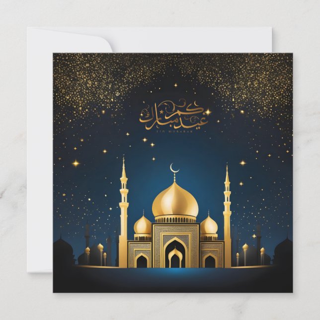 Eid al Fitr Mubarak Crescent Stars Blue Guld Julkort (Framsida)