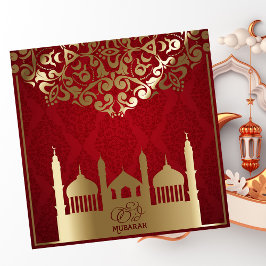 Eid al Fitr Mubarak Mosque Guld Mönster Red Julkort