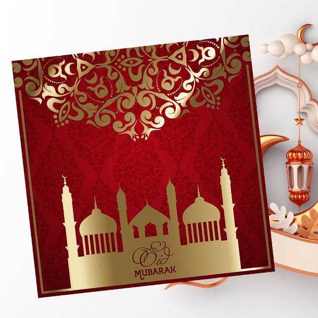 Eid al Fitr Mubarak Mosque Guld Mönster Red Julkort (Skapare uppladdad)