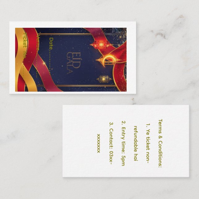 Eid-firande Biljett - Rött Guld Band Design (Fram/baksida)