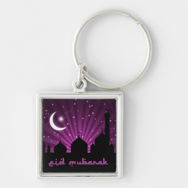 Eid Mosque Lila Night - Keychain Fyrkantig Silverfärgad Nyckelring (Framsidan)
