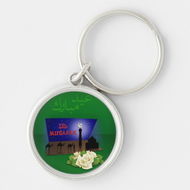 Eid Mubarak 3D Hälsning - Nyckelkedja Rund Silverfärgad Nyckelring (Framsidan)