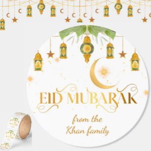 Eid Mubarak Anpassat Namn Elegant Modern Vit Guld Runt Klistermärke