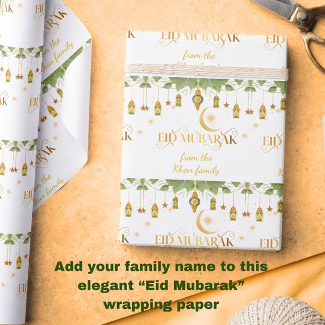 Eid Mubarak Anpassat namn Guld White Lanterns + Må Presentpapper (Personalize this elegant white + gold "Eid Mubarak" wrapping paper with your family name!)