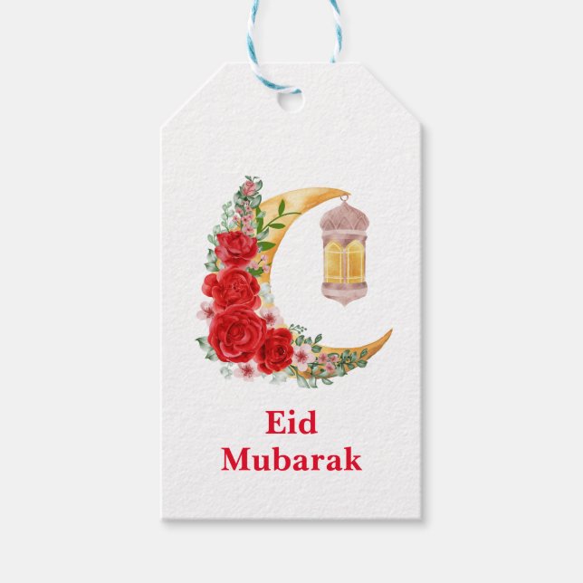 Eid Mubarak Anpassningsbar Blommigt Cresent Islami Presentetikett (Framsidan)