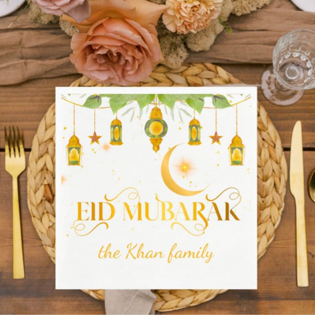 Eid Mubarak Anpassningsbar Guld White Lanterns + M Pappersservett (Elegant gold + white "Eid Mubarak" custom napkins for your special Eid celebration!)