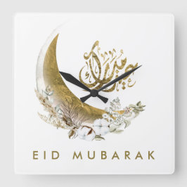 Eid Mubarak | Arabisk kalligrafi | GULD MÅNE Fyrkantig Klocka
