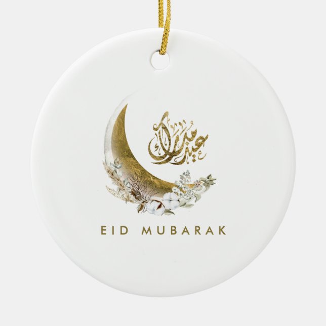 Eid Mubarak | Arabisk kalligrafi | GULD MÅNE Julgransprydnad Keramik (Framsidan)